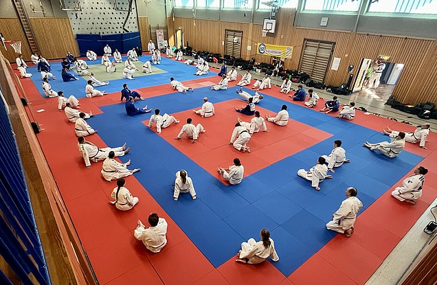 Eine Gruppe von Menschen in weißen und blauen Judogi sitzt auf farbigen Matten in einer Sporthalle. Sie sind räumlich verteilt und scheinen an einer Trainingseinheit für Judo teilzunehmen. Die Atmosphäre wirkt konzentriert und sportlich.